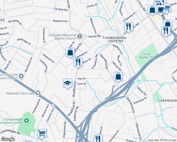 map of restaurants, bars, coffee shops, grocery stores, and more near 913 Rowan Street in Charlotte