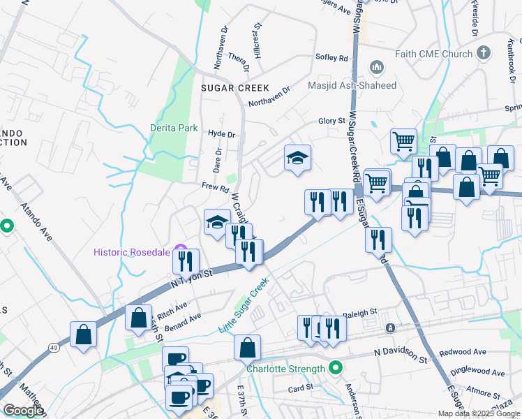 map of restaurants, bars, coffee shops, grocery stores, and more near 3830 Perennial Terrace Drive in Charlotte