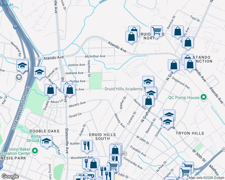 map of restaurants, bars, coffee shops, grocery stores, and more near 1231 Norris Avenue in Charlotte