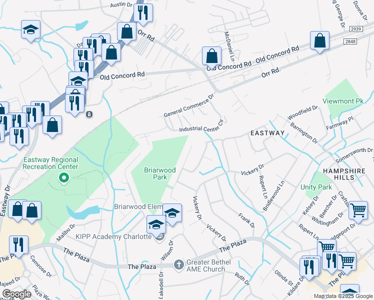 map of restaurants, bars, coffee shops, grocery stores, and more near 614 Pennwood Lane in Charlotte