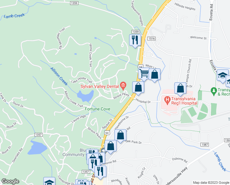 map of restaurants, bars, coffee shops, grocery stores, and more near 33 Clock Tower Lane in Brevard