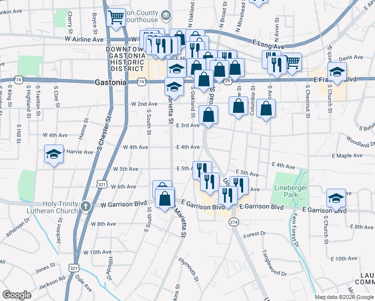 map of restaurants, bars, coffee shops, grocery stores, and more near 115 East 4th Avenue in Gastonia