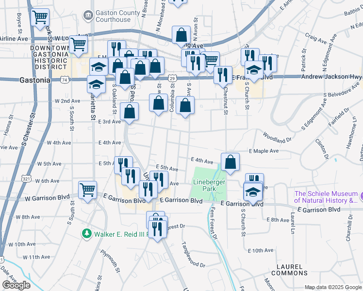 map of restaurants, bars, coffee shops, grocery stores, and more near 418 South Oak Street in Gastonia