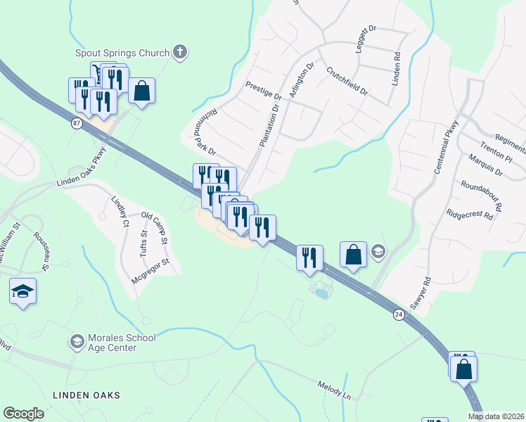 map of restaurants, bars, coffee shops, grocery stores, and more near 1555 North Carolina 24 in Cameron