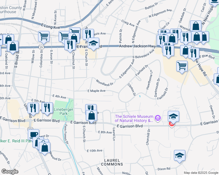 map of restaurants, bars, coffee shops, grocery stores, and more near 1017 Woodland Drive in Gastonia