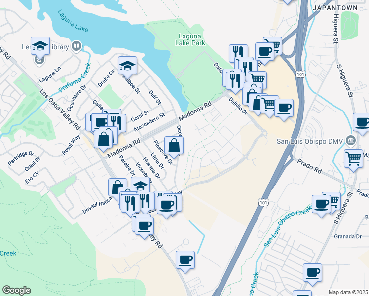 map of restaurants, bars, coffee shops, grocery stores, and more near 1786 Oceanaire Drive in San Luis Obispo