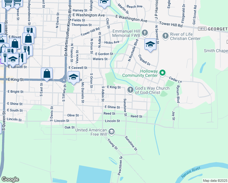 map of restaurants, bars, coffee shops, grocery stores, and more near 1010 East Bright Street in Kinston