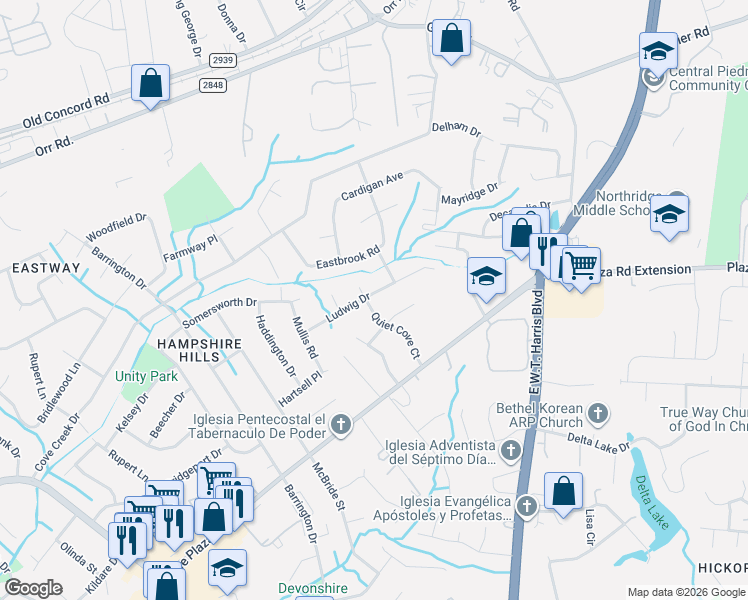 map of restaurants, bars, coffee shops, grocery stores, and more near 7000 Ludwig Drive in Charlotte
