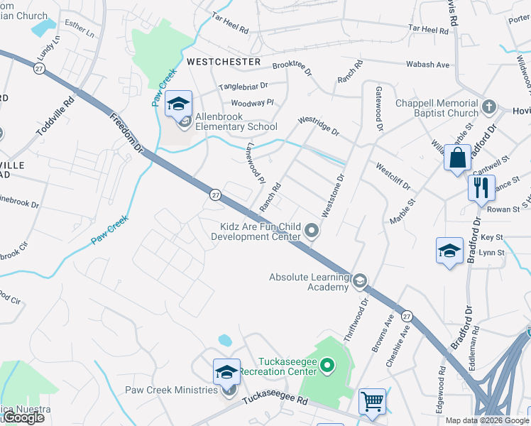 map of restaurants, bars, coffee shops, grocery stores, and more near 4434 Freedom Drive in Charlotte
