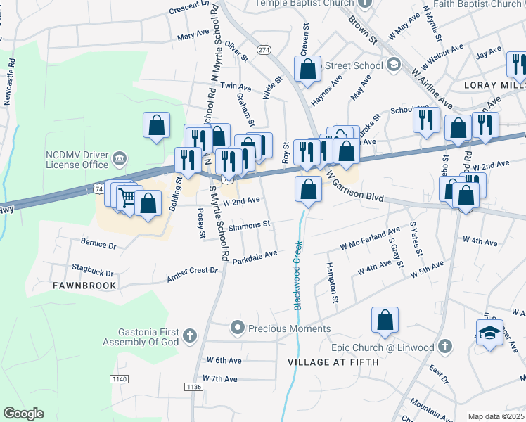 map of restaurants, bars, coffee shops, grocery stores, and more near 308 South Vine Street in Gastonia