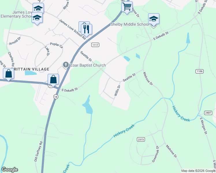 map of restaurants, bars, coffee shops, grocery stores, and more near 2007 Barker Boulevard in Shelby
