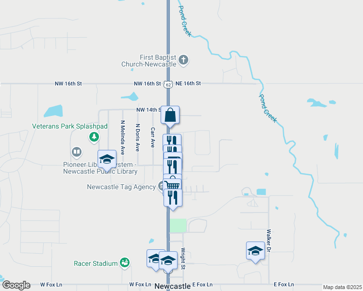 map of restaurants, bars, coffee shops, grocery stores, and more near 1095 Linda Lane in Newcastle