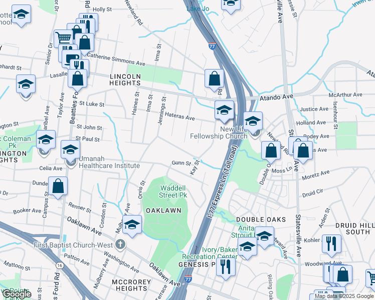 map of restaurants, bars, coffee shops, grocery stores, and more near 1609 Newcastle Street in Charlotte
