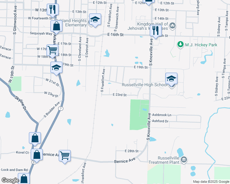 map of restaurants, bars, coffee shops, grocery stores, and more near 2205 South Hartford Cove in Russellville