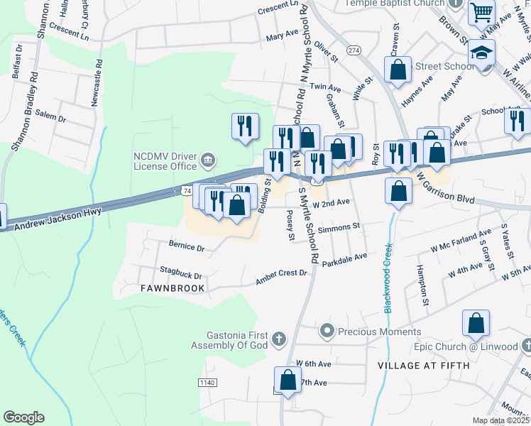map of restaurants, bars, coffee shops, grocery stores, and more near 200 Bolding Street in Gastonia