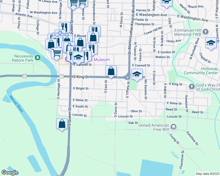 map of restaurants, bars, coffee shops, grocery stores, and more near 406 East Bright Street in Kinston