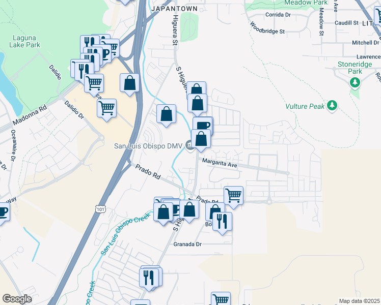 map of restaurants, bars, coffee shops, grocery stores, and more near 3190 South Higuera Street in San Luis Obispo