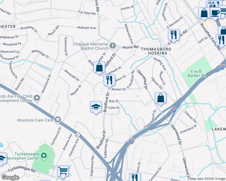 map of restaurants, bars, coffee shops, grocery stores, and more near 945 Rowan Street in Charlotte