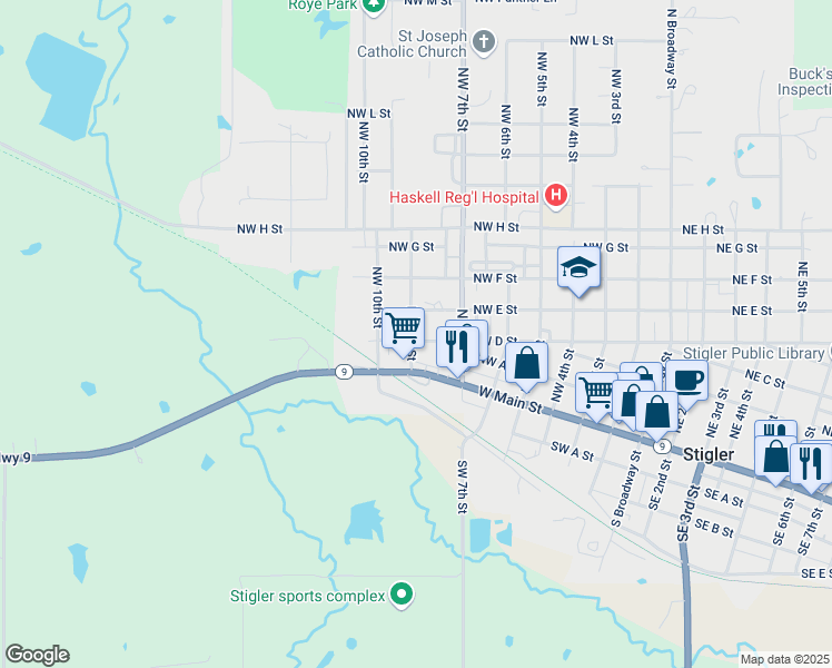 map of restaurants, bars, coffee shops, grocery stores, and more near 709 Northwest D Street in Stigler