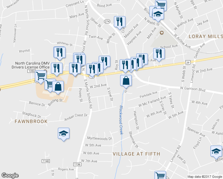 map of restaurants, bars, coffee shops, grocery stores, and more near 308 South Vine Street in Gastonia