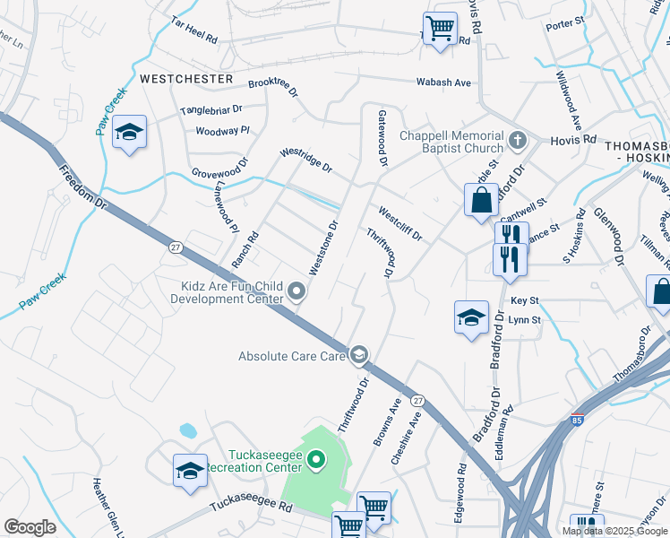 map of restaurants, bars, coffee shops, grocery stores, and more near 1333 Forsythia Circle in Charlotte