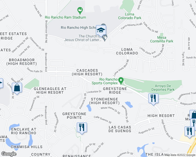 map of restaurants, bars, coffee shops, grocery stores, and more near 3229 Cascades Trail Southeast in Rio Rancho