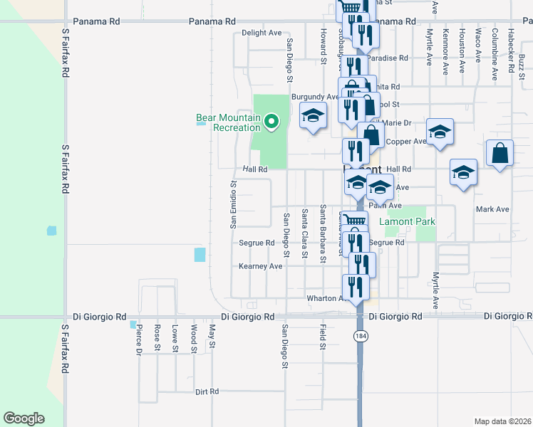 map of restaurants, bars, coffee shops, grocery stores, and more near 10704 San Gorgonio Street in Lamont