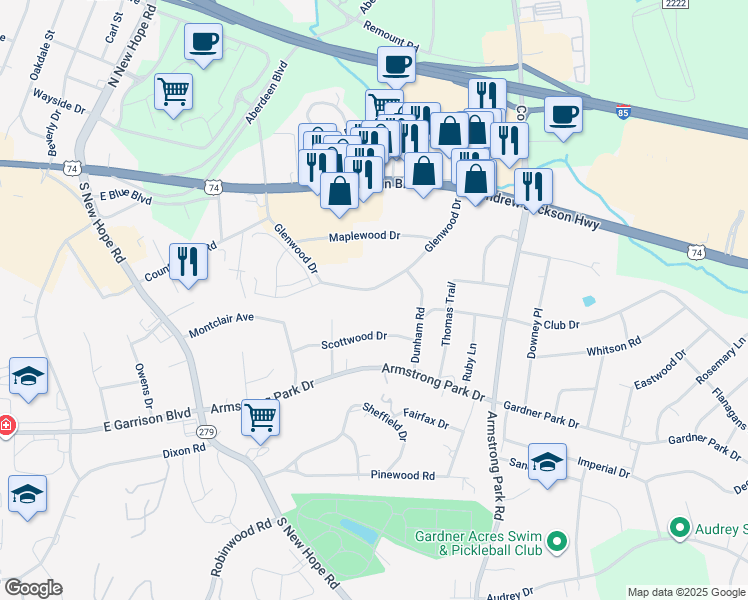 map of restaurants, bars, coffee shops, grocery stores, and more near 2151 Glenwood Drive in Gastonia