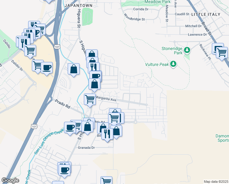 map of restaurants, bars, coffee shops, grocery stores, and more near 3135 Camellia Court in San Luis Obispo