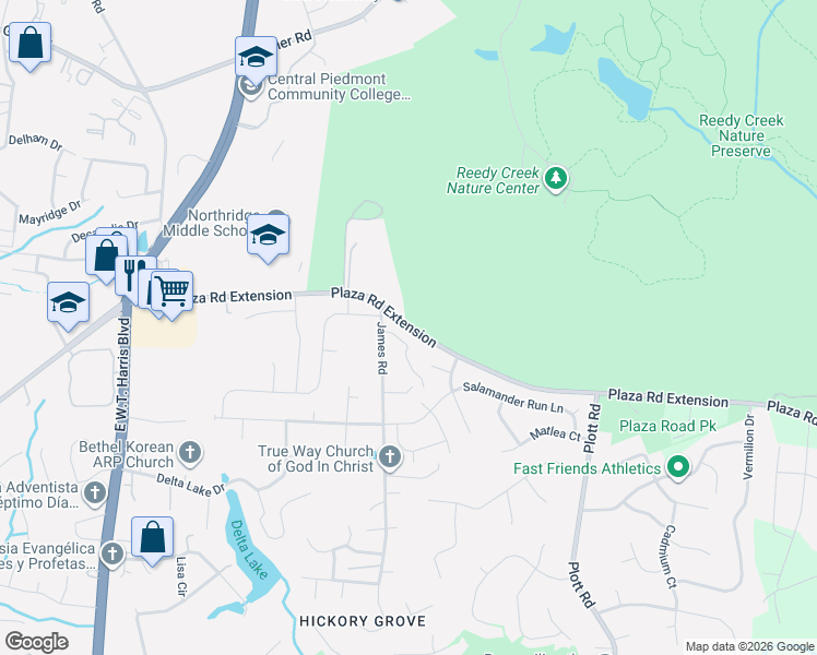 map of restaurants, bars, coffee shops, grocery stores, and more near 7900 The Plaza in Charlotte