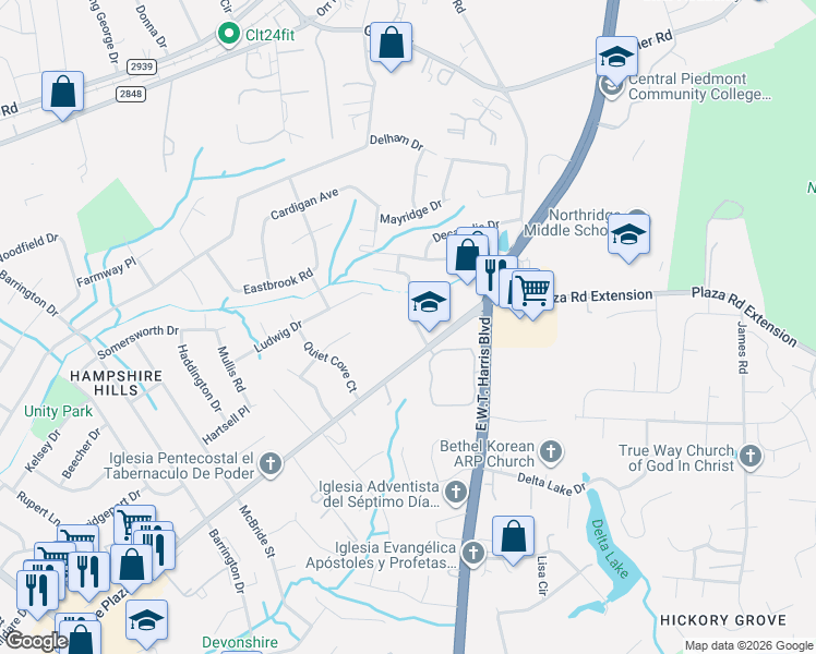 map of restaurants, bars, coffee shops, grocery stores, and more near 6023 Hunters Crossing Lane in Charlotte