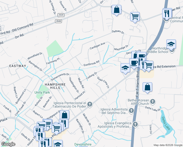 map of restaurants, bars, coffee shops, grocery stores, and more near 5809 Aqua Court in Charlotte