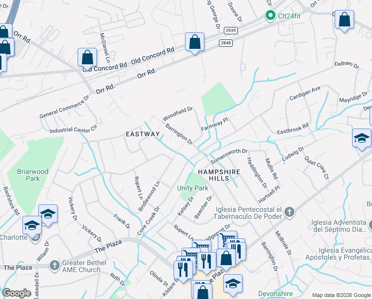 map of restaurants, bars, coffee shops, grocery stores, and more near 6430 Bridlewood Lane in Charlotte