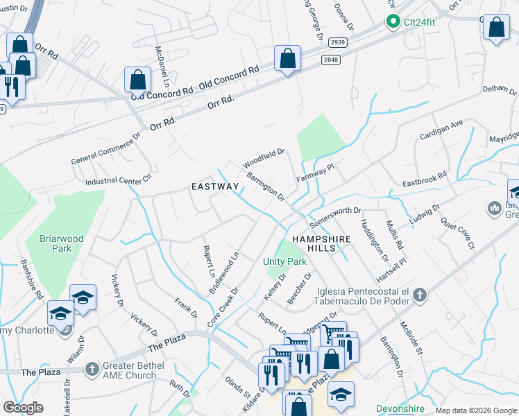map of restaurants, bars, coffee shops, grocery stores, and more near 6430 Bridlewood Lane in Charlotte