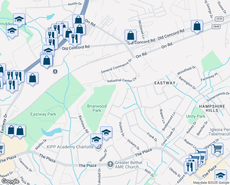 map of restaurants, bars, coffee shops, grocery stores, and more near 614 Pennwood Lane in Charlotte