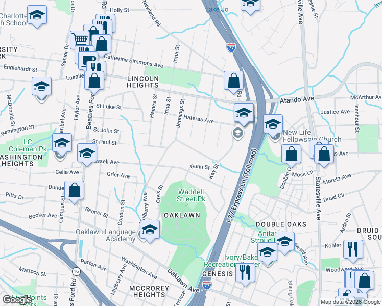 map of restaurants, bars, coffee shops, grocery stores, and more near 1532 Newcastle Street in Charlotte