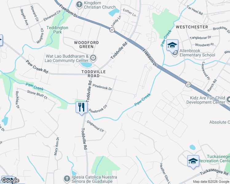 map of restaurants, bars, coffee shops, grocery stores, and more near 2011 Pinebrook Circle in Charlotte