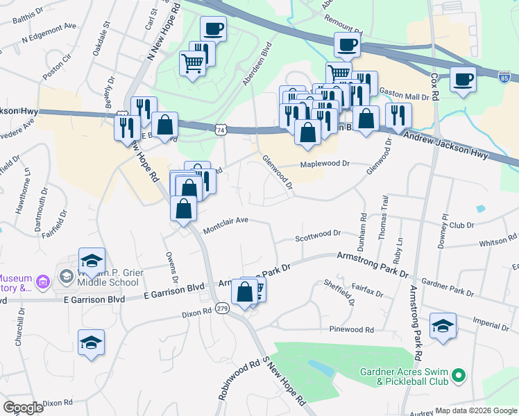 map of restaurants, bars, coffee shops, grocery stores, and more near 1844 Montclair Avenue in Gastonia