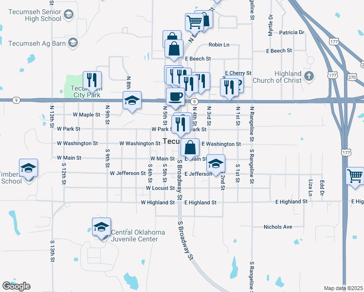 map of restaurants, bars, coffee shops, grocery stores, and more near in Tecumseh