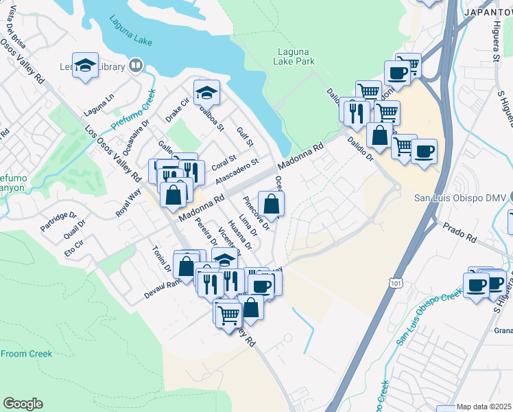 map of restaurants, bars, coffee shops, grocery stores, and more near 1734 Pinecove Drive in San Luis Obispo
