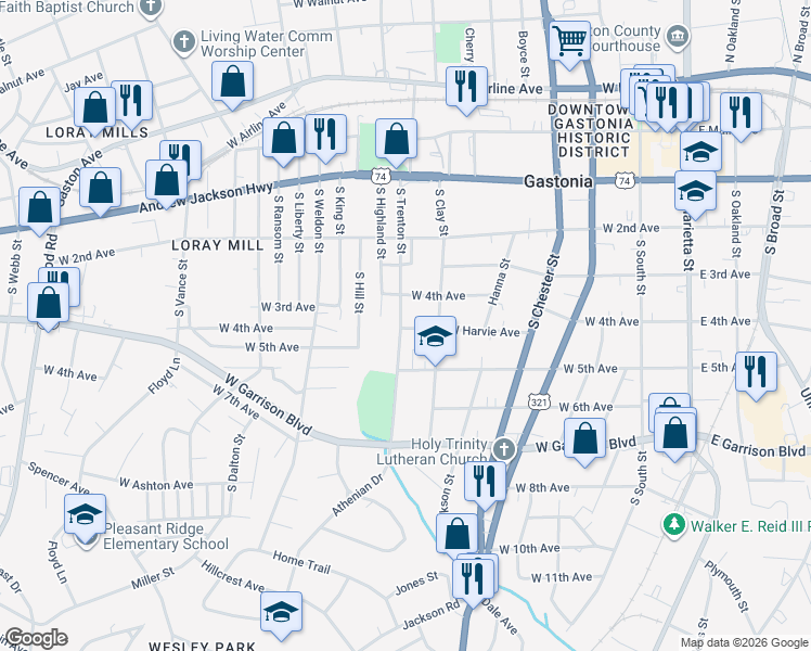 map of restaurants, bars, coffee shops, grocery stores, and more near 512 South Trenton Street in Gastonia