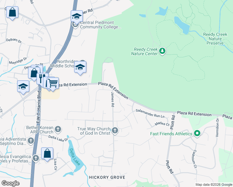 map of restaurants, bars, coffee shops, grocery stores, and more near 7900 The Plaza in Charlotte