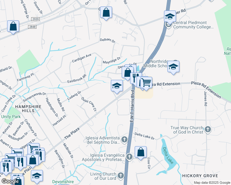 map of restaurants, bars, coffee shops, grocery stores, and more near 6023 Hunters Crossing Lane in Charlotte