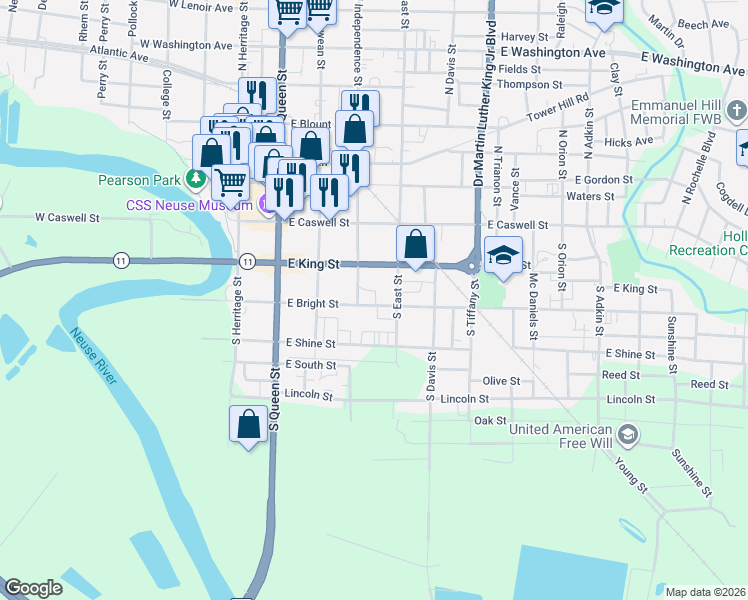 map of restaurants, bars, coffee shops, grocery stores, and more near 304 East Bright Street in Kinston