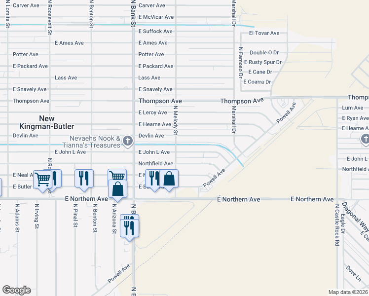 map of restaurants, bars, coffee shops, grocery stores, and more near 3135 E John L Ave in Kingman