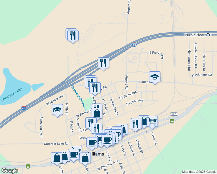 map of restaurants, bars, coffee shops, grocery stores, and more near 748 North Newton Street in Williams
