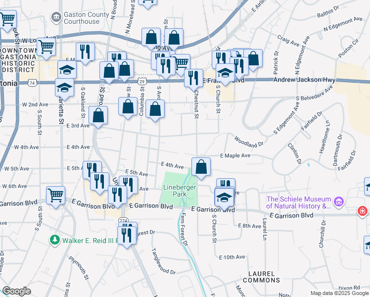 map of restaurants, bars, coffee shops, grocery stores, and more near 718 East Maple Avenue in Gastonia