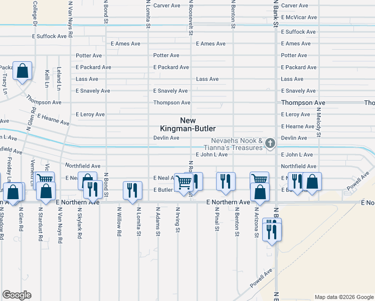 map of restaurants, bars, coffee shops, grocery stores, and more near 2565 East John L Avenue in Kingman