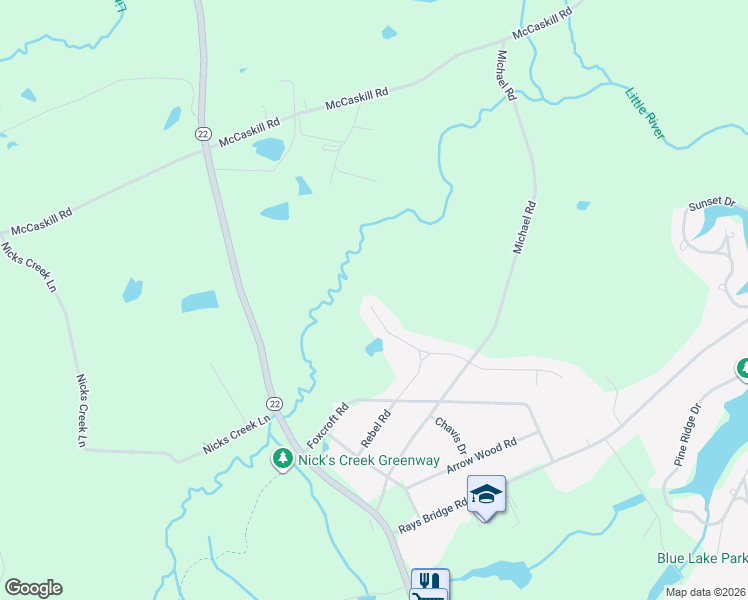 map of restaurants, bars, coffee shops, grocery stores, and more near 172 Mayfield Court in Whispering Pines