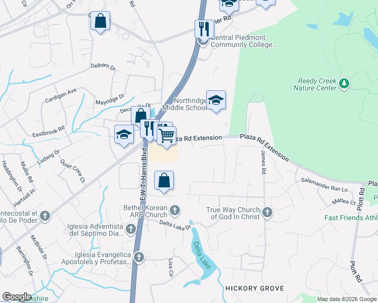 map of restaurants, bars, coffee shops, grocery stores, and more near 7504 The Plaza in Charlotte